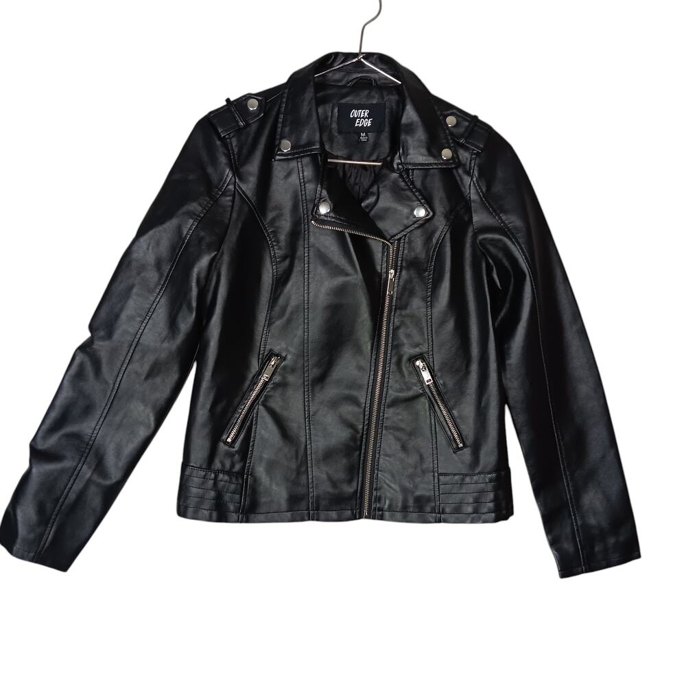 Outer Edge Moto Jacket Faux Leather Black Size Medium Side Zipper Fully Lined - Picture 3 of 9